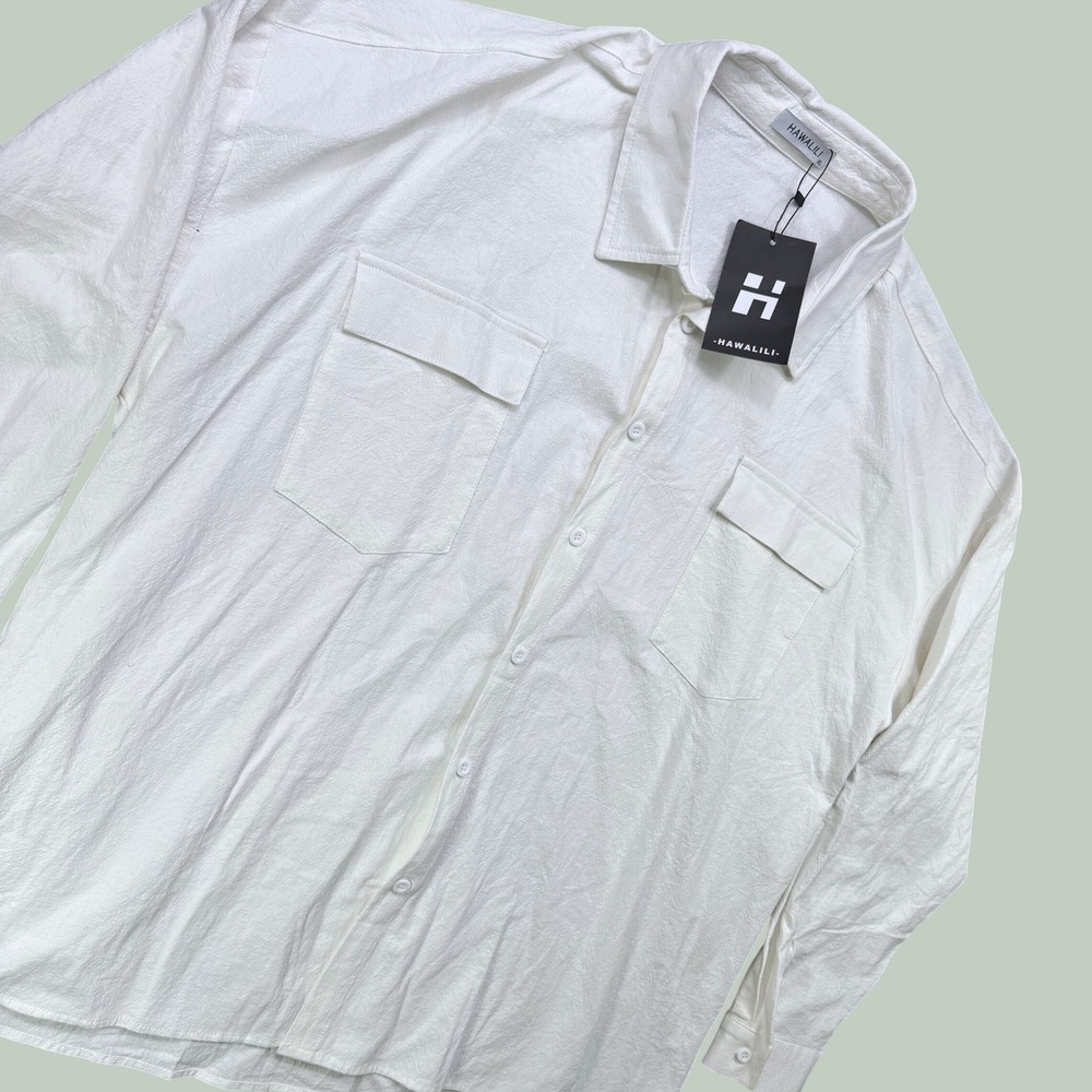 New Hawalili Button Down Shirt Men XL White Textured Flap Pocket Vacation Cruise